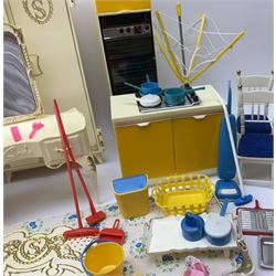 Sindy - Camping Buggy and Folding Tent, Bath, Shower, Washbasin unit and Hairdryer; all boxed; together with unboxed kitchen units, dining and bedroom furniture; and two bags of clothing and accessories