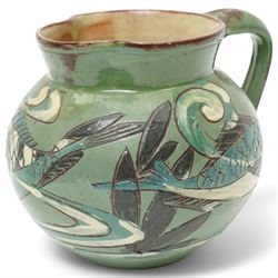 Late 19th century C H Brannam pottery Barum ware sgraffito jug, in green and brown glaze, decorated with fish swimming amongst reeds, signed and dated 1892 to base, H10cm 