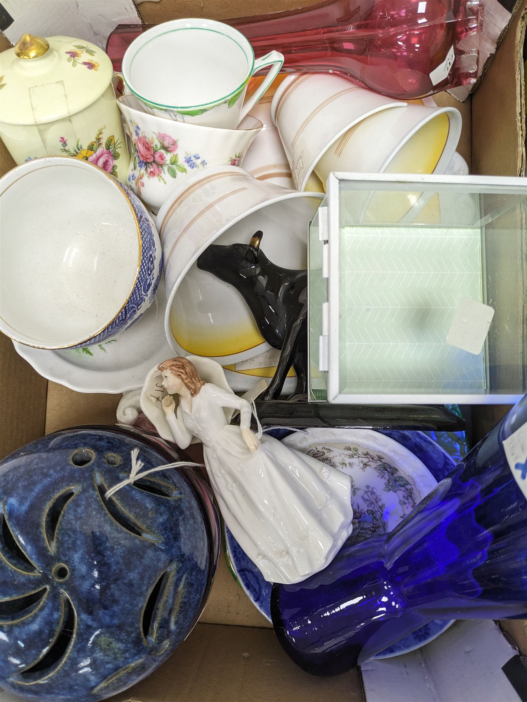 Royal Doulton figure Joy, Royal Albert Old Country Roses ceramics, Aynsley Blue Garland dinner wares, and a collection of other ceramics, in two boxes 