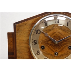  Art Deco walnut and oak mantel clock, angular case with silvered Arabic dial, three train movement chiming the quarter hours on rods, on brass ball feet, H21cm   