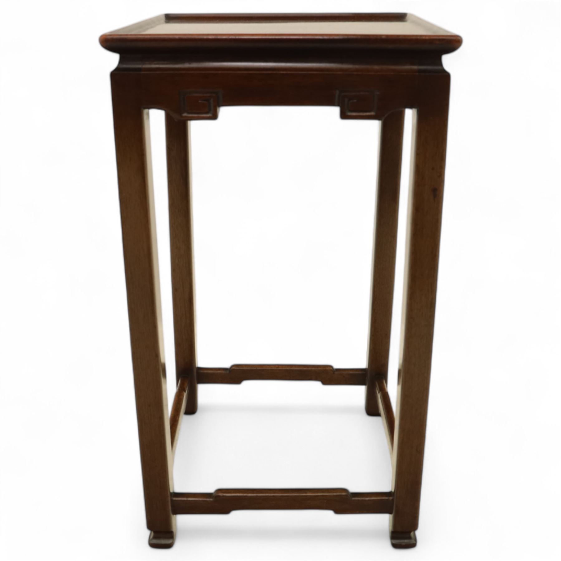 Whytock & Reid, Edinburgh  - Edwardian nest of three Chinese-style solid mahogany occasional tables, rectangular top with finely moulded edge above slim square section legs with subtly chamfered inner edges, joined by H-shaped stretchers, largest W40xD33xH52cm