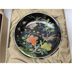 Bowl of lotus flower form decorated with polychrome enamels, together with two bowls decorated with birds amongst trees and cherry blossom, all with marks beneath
