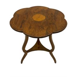 Late 19th century inlaid rosewood centre table, the cusped top with boxwood stringing and central birdseye maple panel, shaped serpentine supports joined by triangular undertier 
