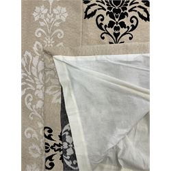 Pair lined curtains, beige ground fabric with white and black floral design pattern