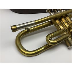 Brass trumpet, engraved B&M Champion to body, L49cm, in fitted velvet lined carrying case, with mouth-piece