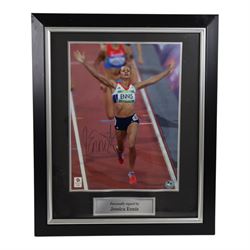 Two limited edition signed London 2012 Olympic colour photographs, the first depicting Jessica Ennis crossing the finish line, with her signature in black marker pen, the second depicting Victoria Pendleton in celebration, with her signature to the left hand side in black marker pen, both with 2012 Olympic Memorabilia authenticity holograms, largest frame H60cm