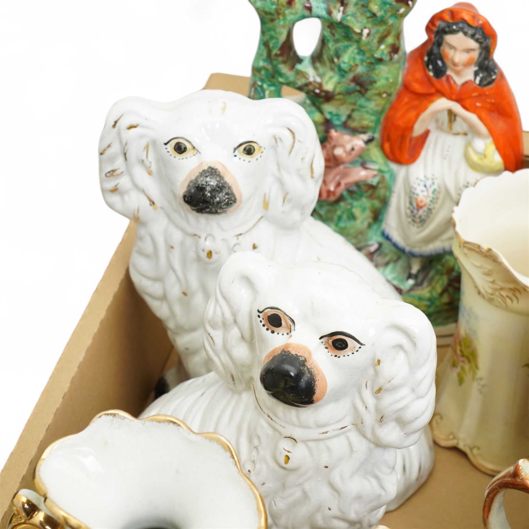 Pair of Staffordshire spaniel ornaments, Red Riding Hood spill vase, pair of Japanese vases and other items in two boxes