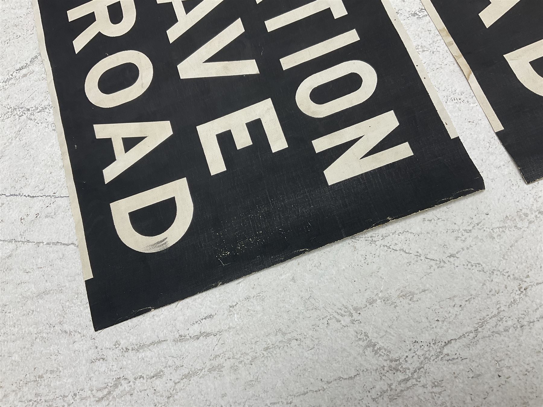 Three mid 20th century Scarborough bus destination blind sections, 'Railway Station, Falsgrave, Scalby Road', 'Marine Drive, West Pier' and 'Railway Station, Ramshill RD, Filey Road', each L78cm H30cm