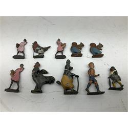 Collection of twenty-two Britains Cadbury's Cococubs play worn lead painted figures to include Mr Pie Porker, Mrs Pie Porker, Tiny Tusks, Captain Kangaroo, Granny Owl and others, Britains Snow White and Doc lead figures and other painted lead figures (30)