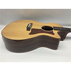 Sigma GMC-1E semi-acoustic guitar with cut-away body, sapele mahogany back and ribs and solid spruce top; bears label Model GMC-1E serial no.210522747; L103cm