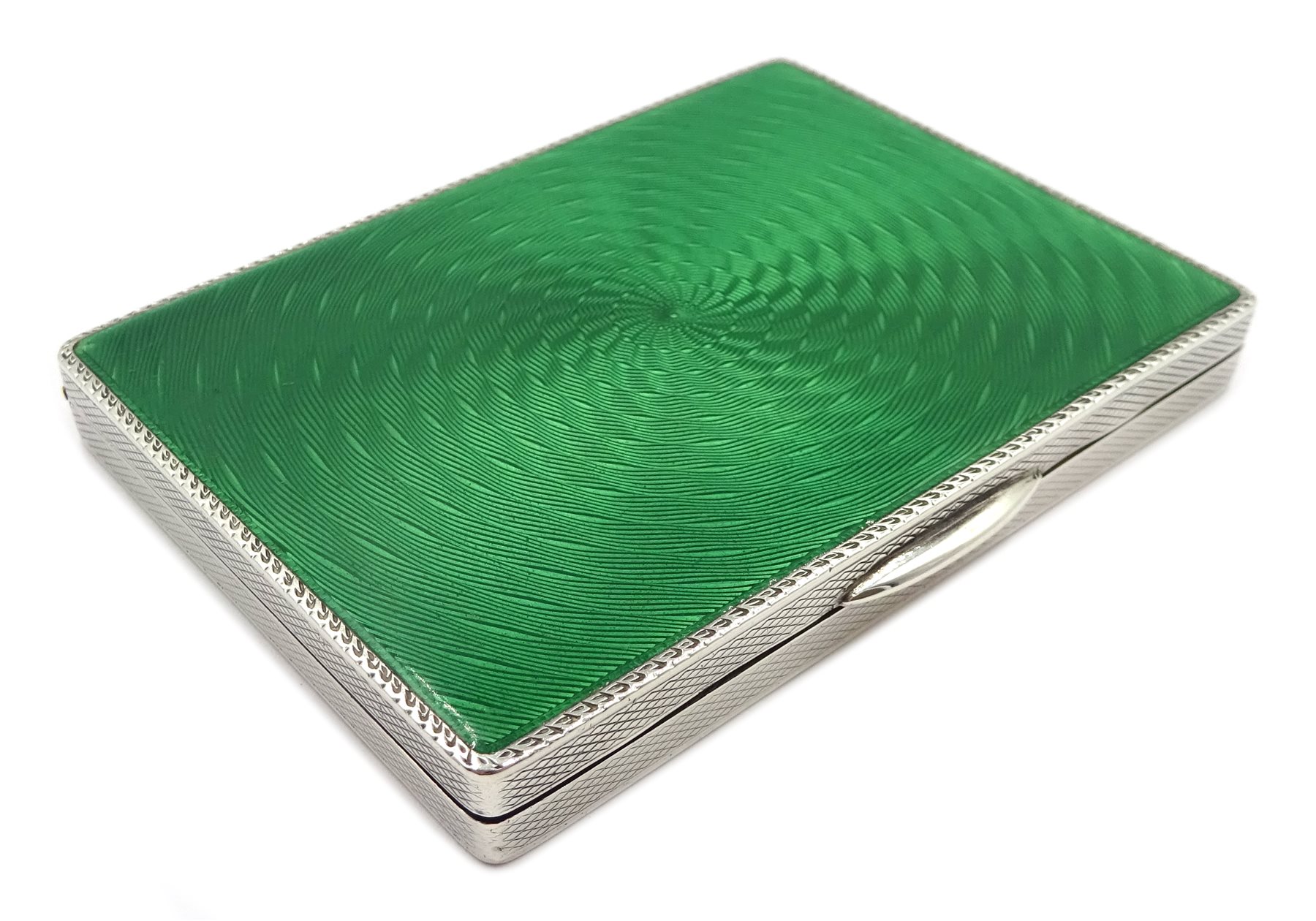 Silver and green guilloche enamel lidded box, engine turned decoration by Asprey & Co, London 1933

[image code: 7mc]