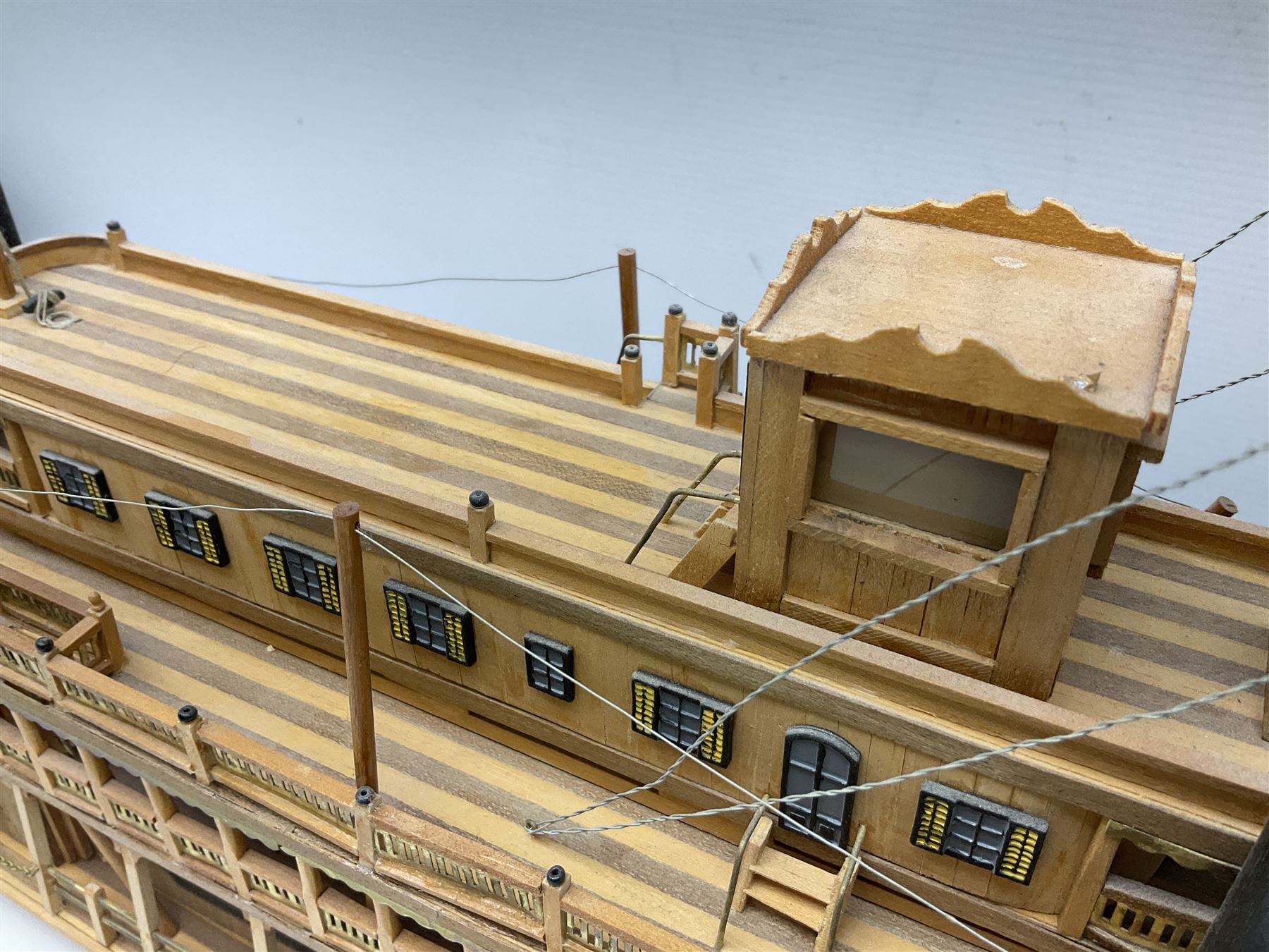 Hand built model of a river paddle steamer 'King of the Mississippi' and a sailing ship with three masts and unfurled sails, largest example H80cm, L101cm