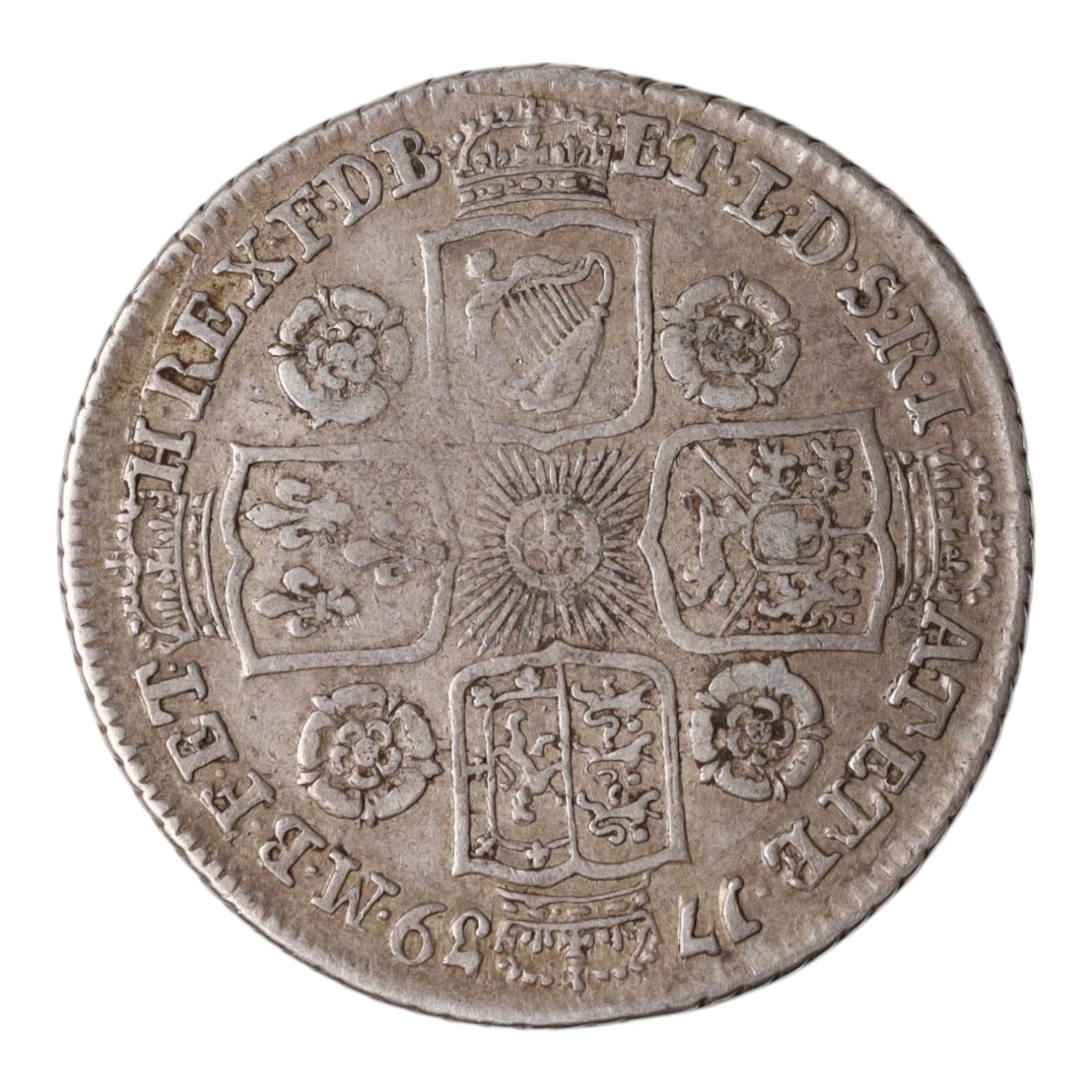 George II 1739 silver one shilling coin, roses in angles to reverse