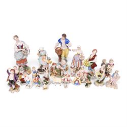 Volkstedt, pair of figures, the flower seller and the bird seller, together with Dresden fruit seller and card seller, with other continental figures