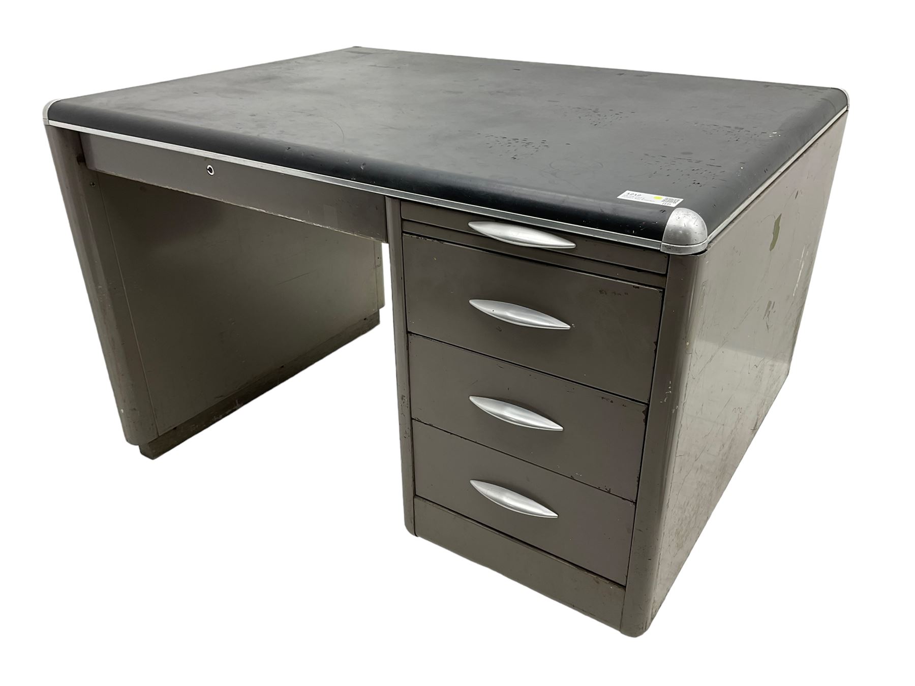 Sankey Sheldon - mid-20th century industrial metal desk, rectangular top over single pedestal fitted with three drawers and slide
