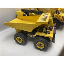 Tonka - five large scale pressed steel vehicles comprising Cement Mixer, Mobile Crane, Bulldozer and two Dumper Trucks (5)