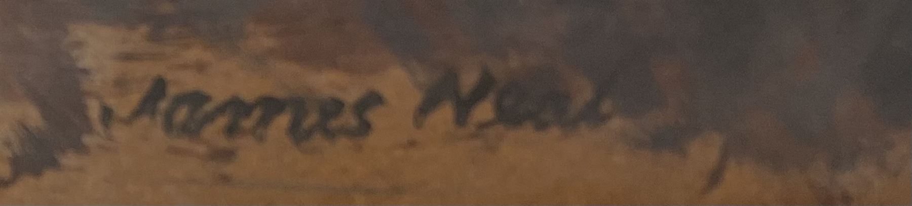 James Neal (Northern British 1918-2011): 'The Holderness Drain', oil on board signed, artist's address labels and title verso 71cm x 74cm
Provenance: East Yorkshire private collection purchased from the artist. Neal was accepted at St Martin's School of Art in 1932, aged 14. In 1958 he moved to Hull as Lecturer in Painting and Drawing at Hull Regional College of Art, then becoming Senior Lecturer in the History of Art. Over the next fifty years he became well known for painting scenes around the Hull area. Ferens Art Gallery, has twice mounted major retrospective exhibitions of James Neal's work