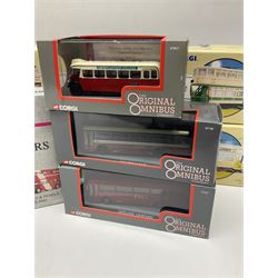 Corgi - Eight limited edition The Original Omnibus 1:76 scale die-cast models including Bristol L5G, Weymann Trolley Bus and Leyland Leopard, all boxed with certificates; together with Routemasters in Exile The North four bus box set; Pontins Balloon Tram; and seven limited edition Classic Public Transport models including Double Deck Tram Grimsby, Plymouth and Cardiff; all boxed with certificates (17) 