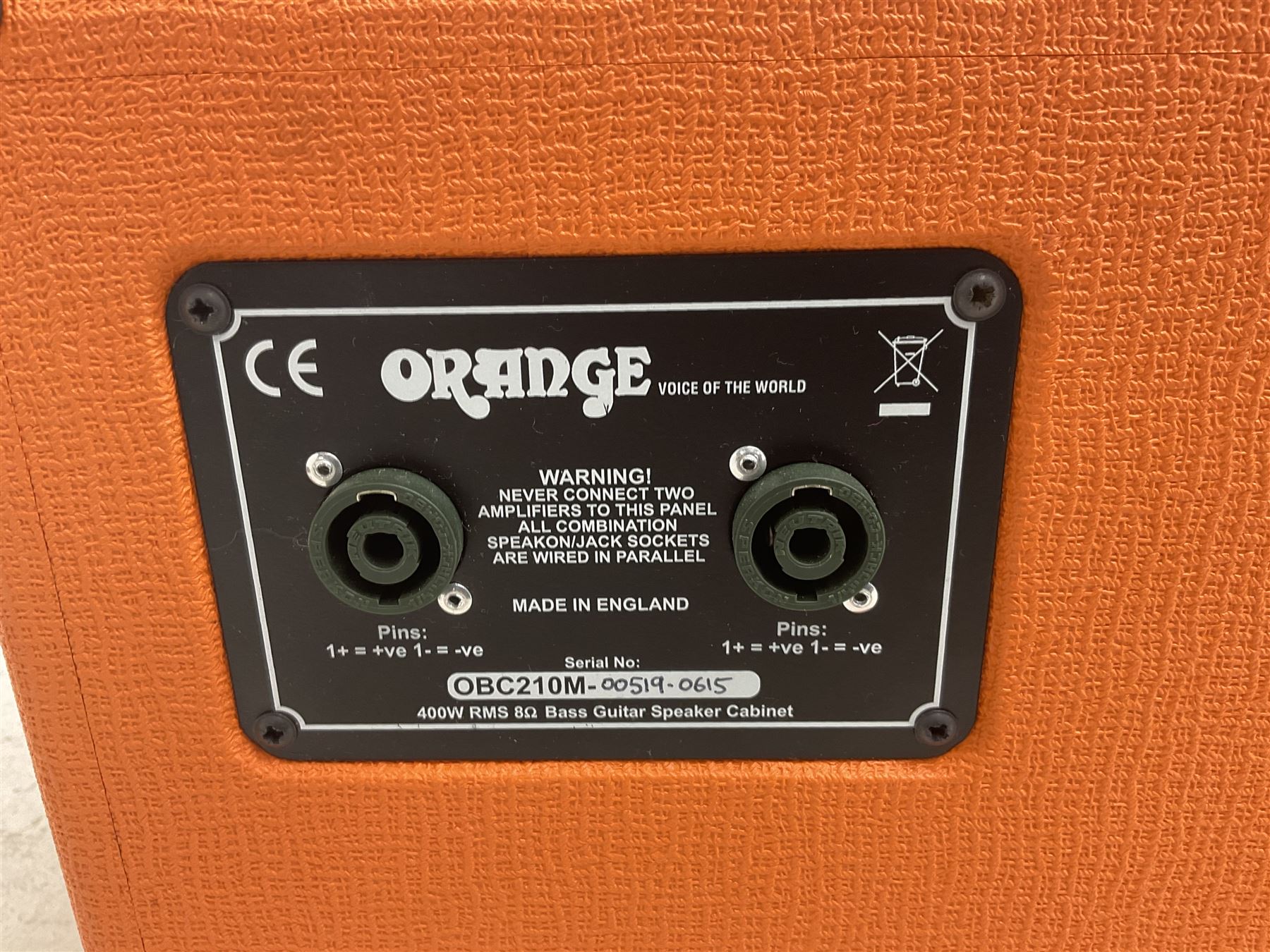 English made Orange 'Voice of the World' bass guitar speaker cabinet; 400 watts 8 ohms; serial no.OBC210M-00519-0615; L62cm