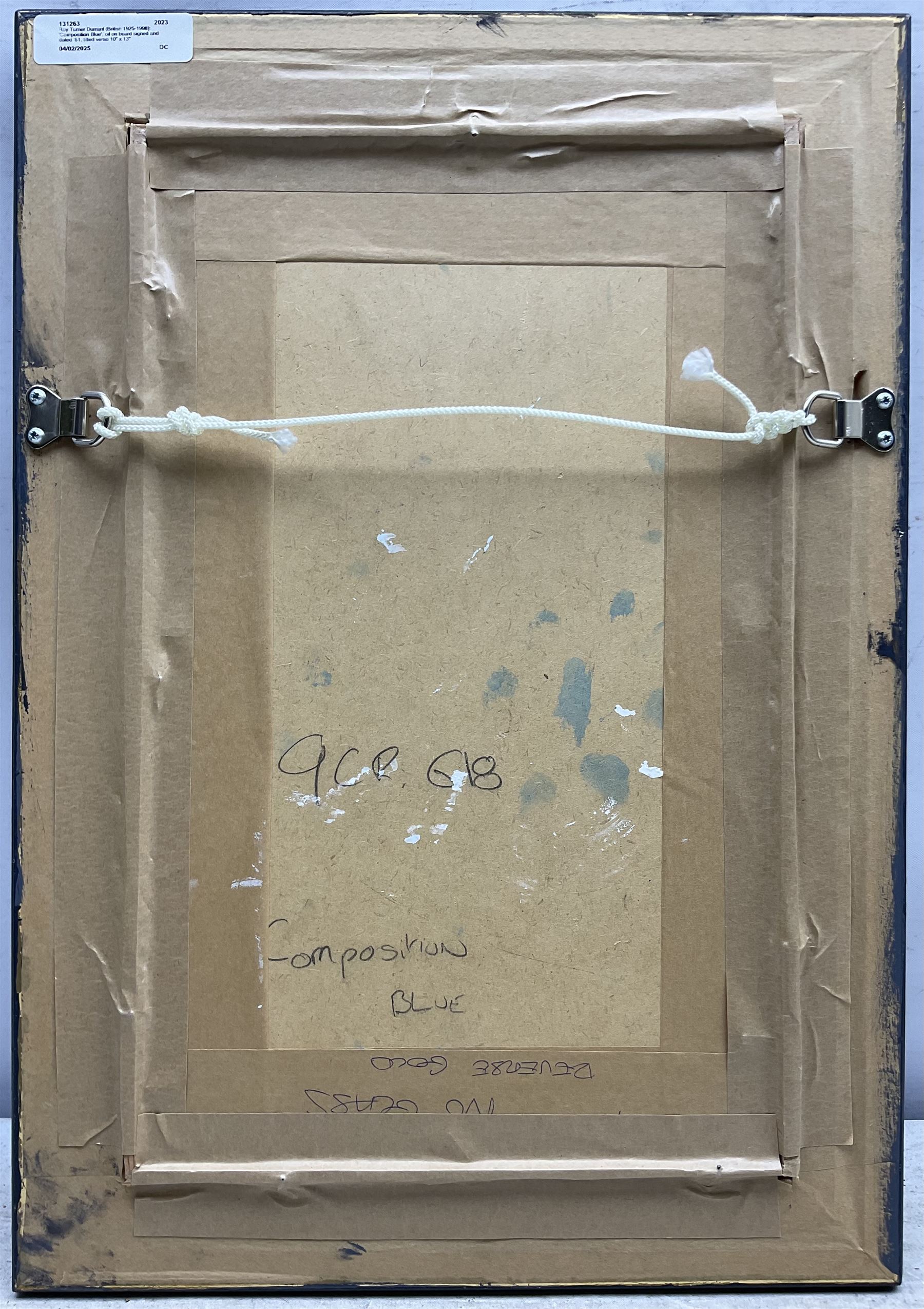Roy Turner Durrant (British 1925-1998): 'Composition Blue', oil on board signed and dated '61, titled verso 30cm x 16.5cm 
Provenance: private collection, purchased Peter Wilson 27th November 2013 Lot 548