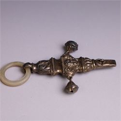 Edwardian silver rattle, embossed with putti and scrolling decoration, with whistle, bells and mother of pearl teething ring, hallmarked Crisford & Norris Ltd, Birmingham 1906, L10cm