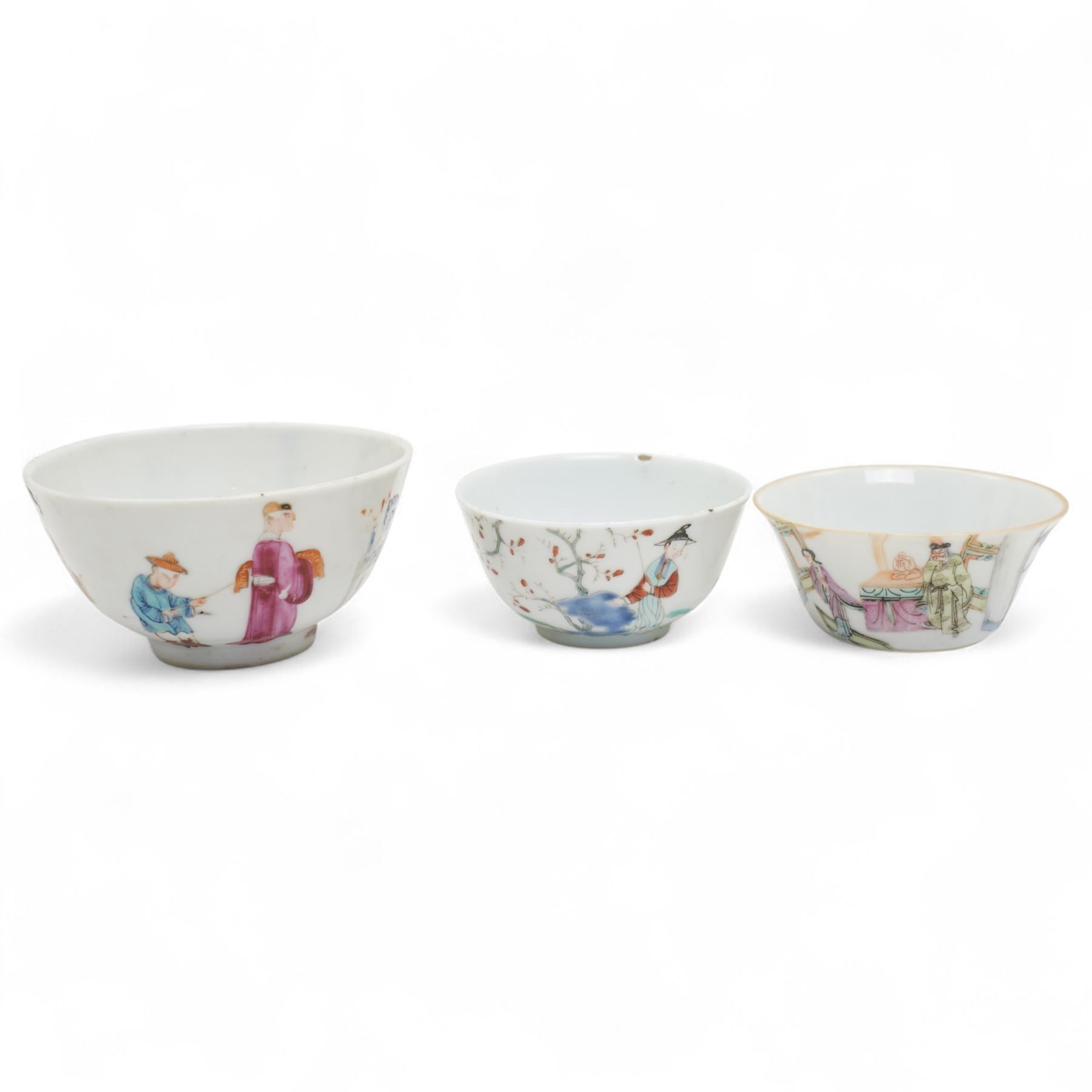Group of eight 18th century and later Chinese famille rose and similar painted teabowls and dishes, to include unmarked peony cup, small cup decorated with flowers and butterfly, cup decorated with female figure gazing out of a window in a Buddhist temple with indistinct square character mark to base, pair of saucers unmarked, and others with character scenes unmarked (8)