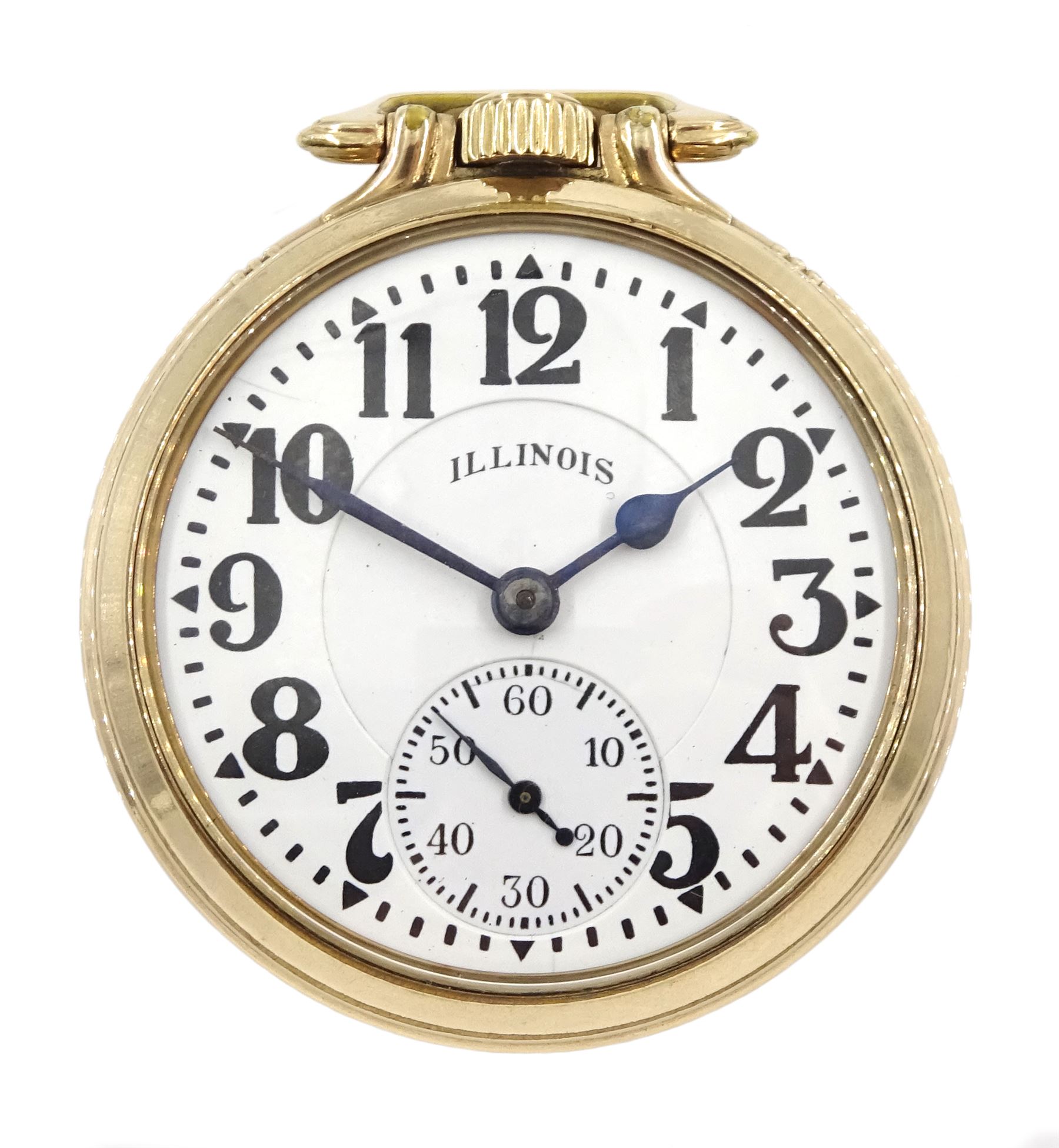 Illinois Watch Company gold-plated open face Elinvar 'Bunn Special' 161A, keyless 21 jewels motor barrel, lever railroad pocket watch, No. 5496567, white enamel dial with Arabic numerals and subsidiary seconds dial, screw back case No. 84465, model No. 107