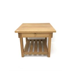 Light oak square coffee table, one drawer, joined with undertier, stile supports