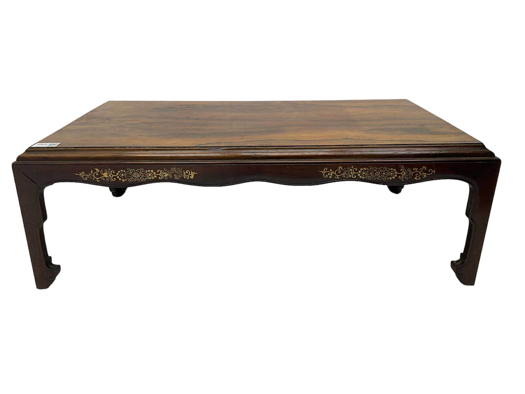 19th century rosewood opium table, rectangular top with moulded edge, the shaped apron decorated with applied brass scrolling foliate detail, raised on shaped supports with stylised leaf feet and cockbeaded edge