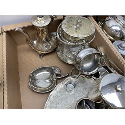 Three piece silver plate bachelors tea set, comprising teapot, milk jug and sugar bowl, each upon three claw and ball feet, together with a collection of other silver plated items and metal ware, including cutlery, teapots, jugs, etc, in three boxes 