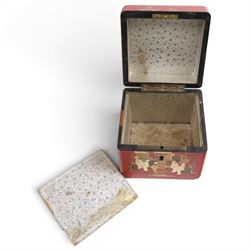 19th century tea caddy, of sarcophagus form, the lid opening to reveal fitted interior, together with red lacquered tea caddy, largest H22cm  