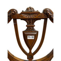 Pair of Regency rosewood framed side chairs, carved back rails over cane seat, raised on reeded supports (W46cm D50cm H84cm); set of three Edwardian walnut cane seat bedroom chairs, carved shield back (W41cm H88cm)