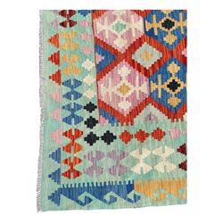 Kilim pastel ground rug, the field decorated with repeating multicoloured geometric diamond motifs, enclosed within matching geometric borders