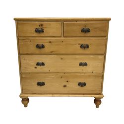 Late 19th century stripped pine chest, fitted with two short and three long drawers