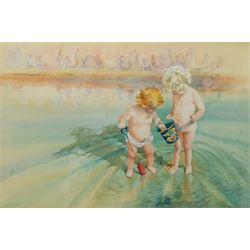 WM Campbell (British Contemporary): Paddling on the Beach, watercolour signed 34cm x 50cm