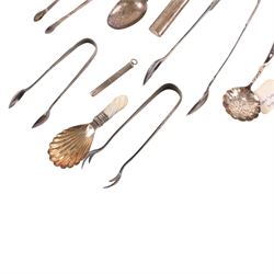 Silver cigar piercer, hallmarked together with silver medicine spoon, pencil case and other silver and three plated sugar tongs   