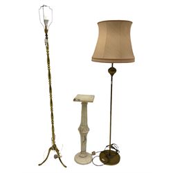 White marble pedestal stand (H80cm), early 20th century brass standard lamp with shade, and another brass standard lamp