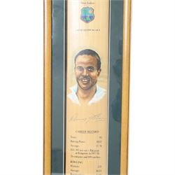 Limited edition signed Sir Garfield Sobers Career Record cricket bat limited edition no. 1of 3, in glazed display case, together with a Sir Garfield Sobers career record montage, with signed miniature bat and four black and white photographs, framed, tallest H97cm