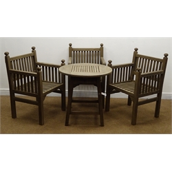  Set three hardwood garden armchairs (W62cm) and circular table, square out splayed supports (D72cm, H73cm)  