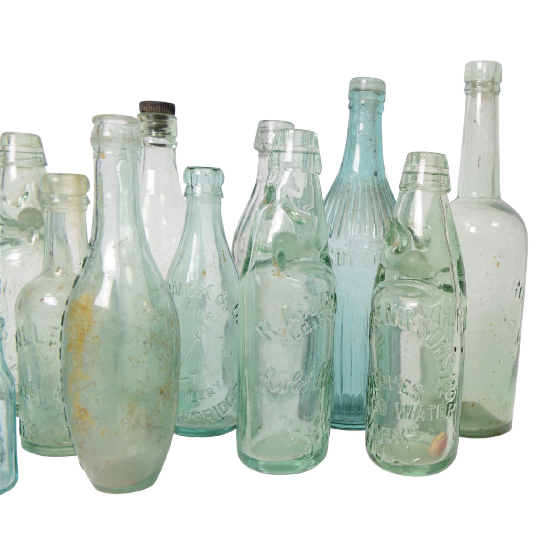 19th century glass brewery and mineral water bottles, including Allright's York, Murden's Hull, Anchor Brewery, Robinson & Speight Hull, etc