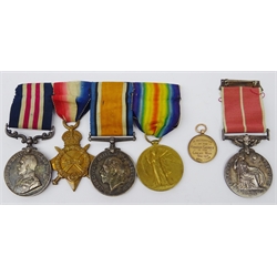 WWI military medal group of four comprising 1914-15 Star awarded to 19401 Pte. F.W.Salt Suff.R., Military Medal awarded to 19401 Sjt. F.W.Salt 1/Suff.R.and British War Medal with Victory Medal awarded to 19401 Sjt. F.W.Salt Suff.R., together with the Meritorious Service Medal to Sgt. Frederick W. Salt M.M.H.G. and a 9ct gold presentation fob to Sjt. Salt from Sedgefield in recognition of his receiving the Military Medal  