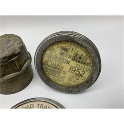 Three brass cart wheel hub caps for W. Johnson & Son Builders Hull, another for W. Harrison Builder Hull, copper printing plate for Hull & Barnsley Railway Timetable, two Hull & District Road Transport Training Group Advanced Driver car badges and framed 1952 car road task disc (8)  