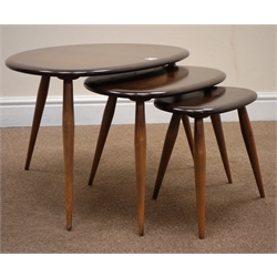  Ercol pebble nest three tables, elm tops, turned tapering splayed supports, W65cm  