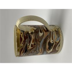 Late 18th century earthenware mug, possibly Ralph Wedgwood, Burslem or Ferrybridge, with surface marbled decoration and later gilt detail to rims and handle, impressed beneath Wedgwood & Co, H12cm