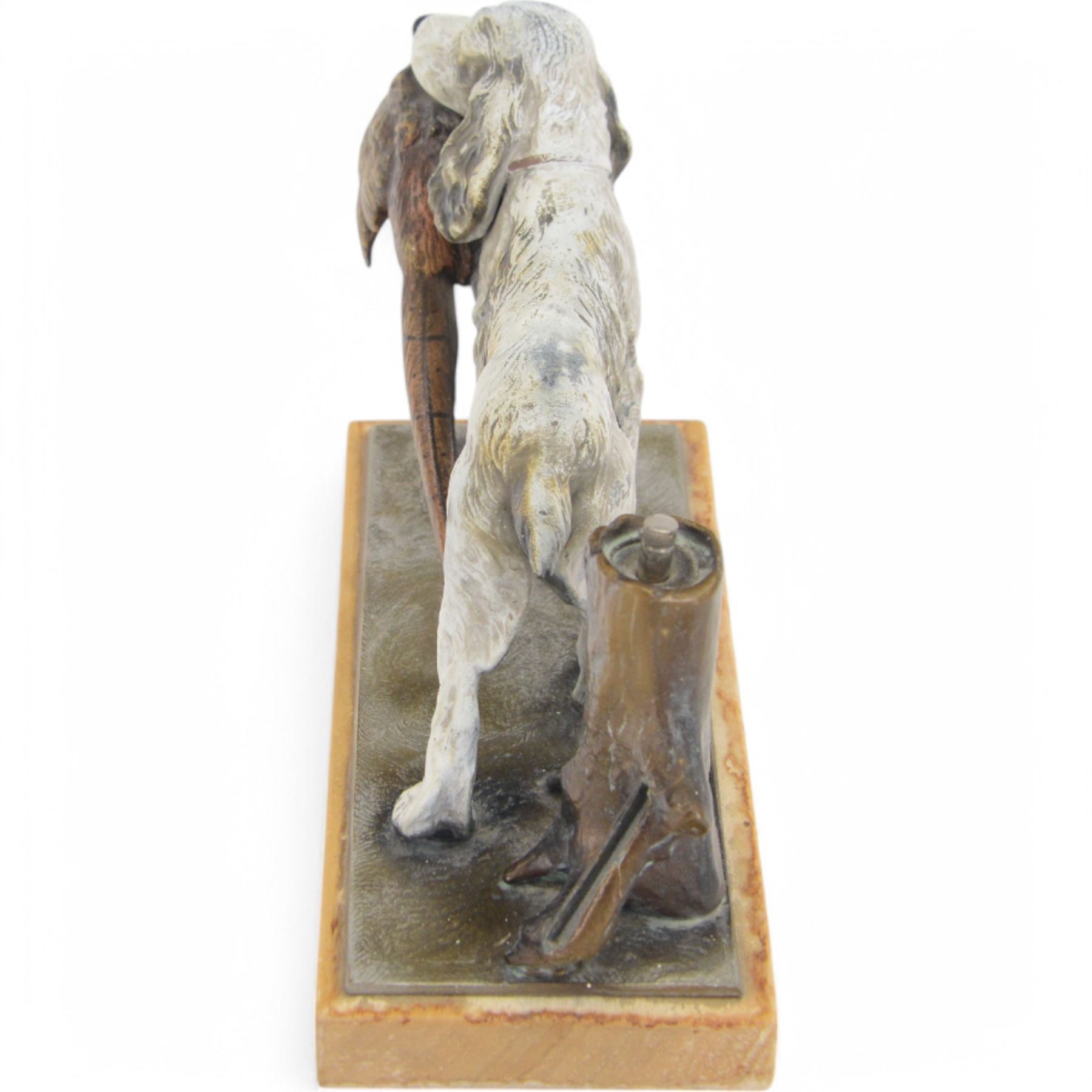 20th century Austrian cold painted spelter table lighter in the form of a spaniel retrieving a pheasant, including base H15.5cm L25cm