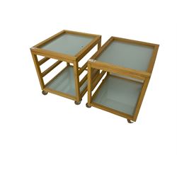 Pair beech framed bedside tables, rectangular glass inset top with under-tier