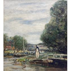 Frederic Stuart Richardson (Staithes Group 1855-1934): Upon Horseback by the Canal Side, oil on canvas signed 26cm x 23cm 
Provenance: exh. Phillips & Sons, Marlow, label verso