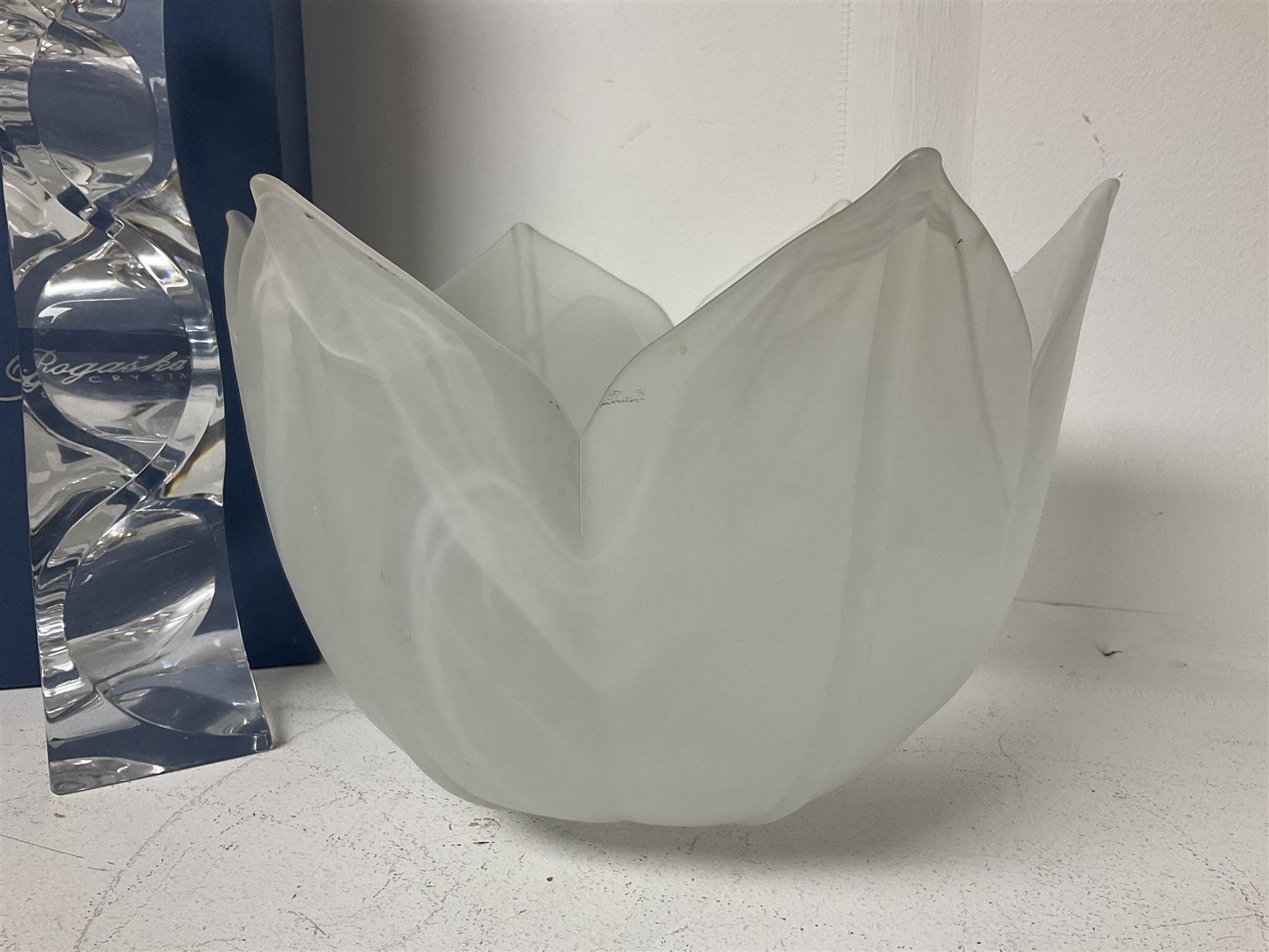 Late 20th century art glass, to include a Robert Held vase, of baluster form with iridescent swirl design, two frosted glass vases with peacock feather design on green and white ground, frosted glass tulip shaped bowl with smoke design and a Rogaska Crystal cobra candlestick, tallest vase 27cm