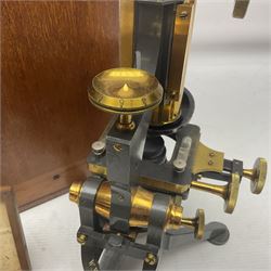 W. Watson & Sons Ltd lacquered brass compound microscope circa 1910, the back foot signed W. Watson & Sons Ltd, 313 High Holborn London and numbered 8193, together with a boxed collection of glass microscope biological sample slides