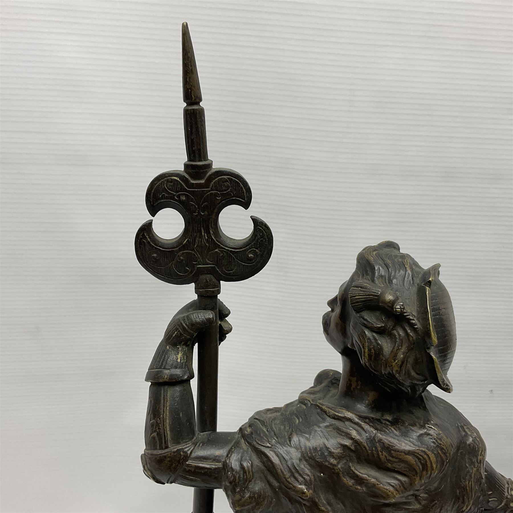 Pair of bronzed figure modelled as a hunter in traditional dress, each holding a pike, H48cm